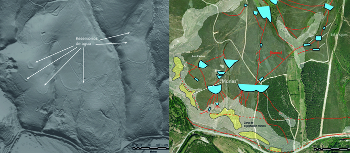 
Ancient goldmines in the Eria river valley, with channels and reservoirs for exploitation. The model generated with LiDAR data (left) allows these structures to be located on aerial photos (right). Credit: J. Fern&aacute;ndez Lozano et al. 