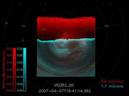 ESA's Venus Express VIRTIS Infrared camera images Venus' south pole to capture day and night sides simultaneously.