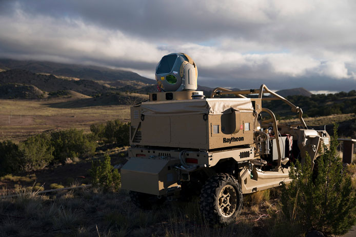 On maneuvers: Raytheon's anti-drone mobile high energy laser system.