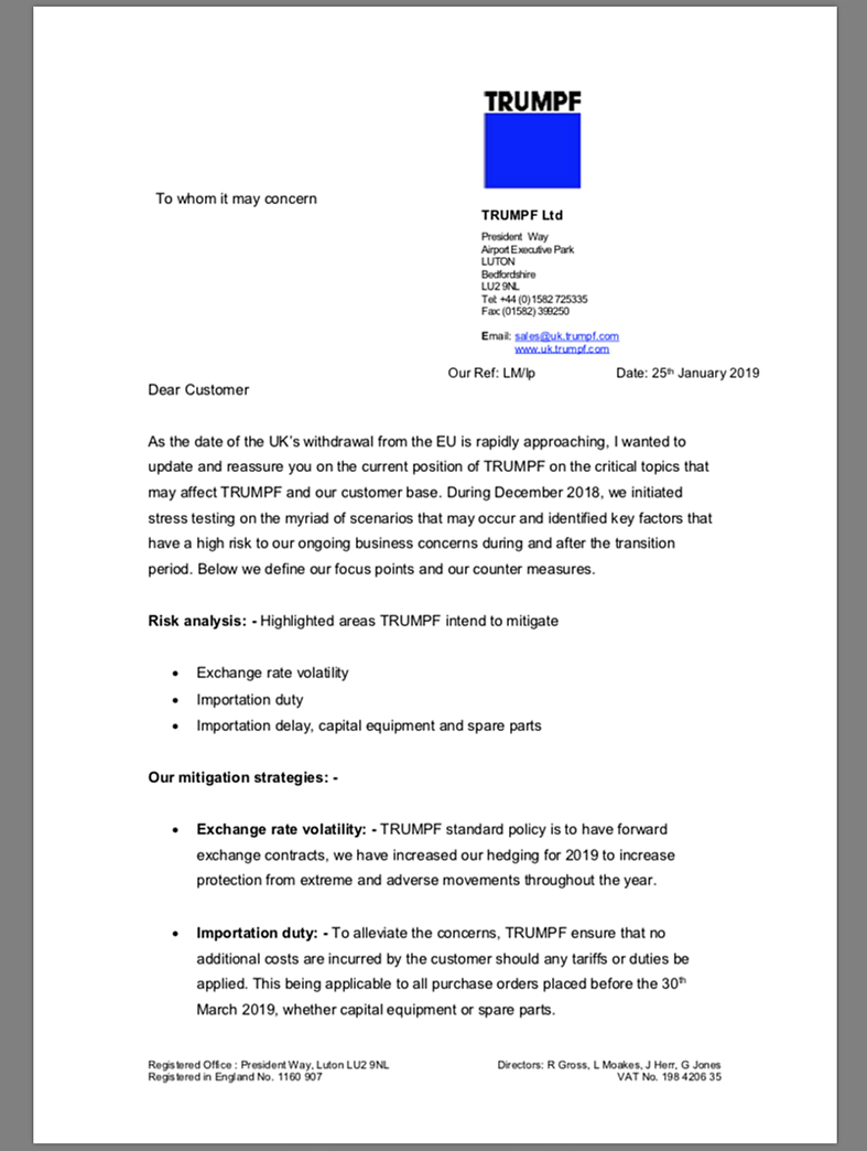 Warning: Trumpf has written to customers about its Brexit preparations.