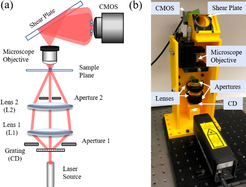 Much scope: (a) optical configuration; (b) 3D-printed experimental system.