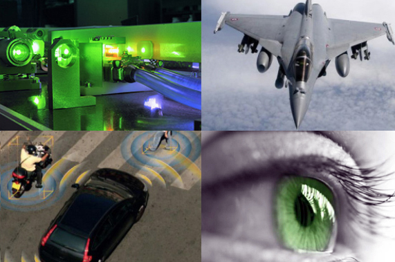 Key application areas: science & industry, defense, LiDAR, and ophthalmology.