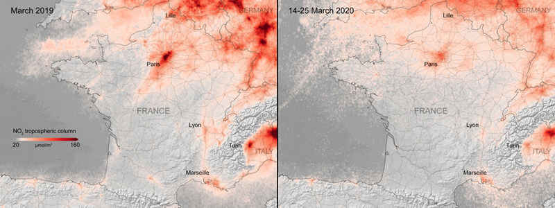Moins de pollution: Nitrogen dioxide levels over France, before (left) and after lockdown (right).