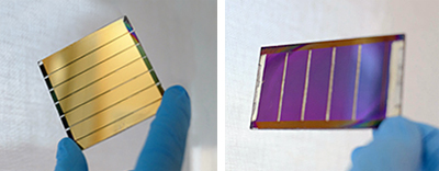 Colored semi-transparent versions of a perovskite solar mini module.