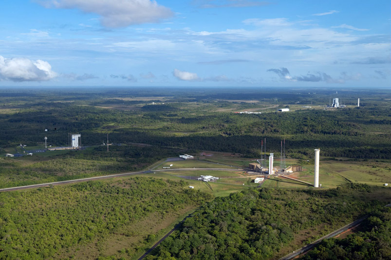 Launch site: aerial view over Europe's Spaceport in Kourou in French Guiana.