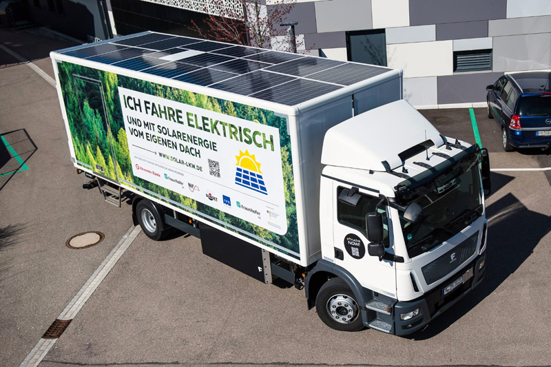 Solar modules integrated into truck’s box body across the entire roof.