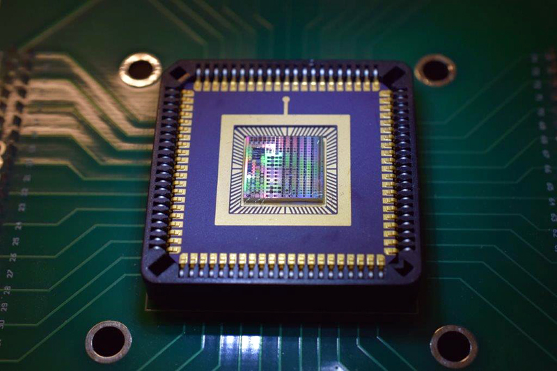 Packaged microLED dies with test arrays.