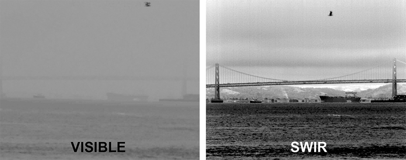 Images of San Francisco Bay in visible light (l) and shortwave infrared (r).