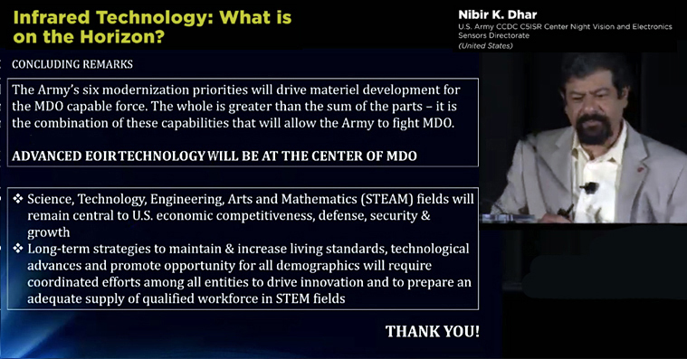 Materiel priorities: Nibir Dhar, right, and his Plenary talk’s key conclusions. Click to enlarge.