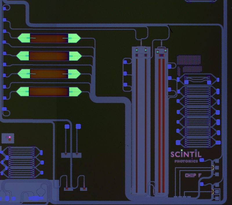 Scintil’s optical chip with integrated III-V optical amplifiers.