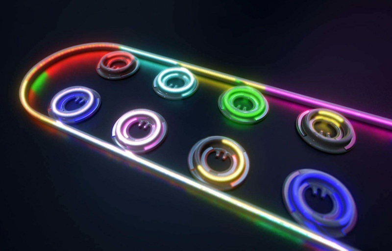 Illustration shows eight micro-ring modulators and optical waveguide.