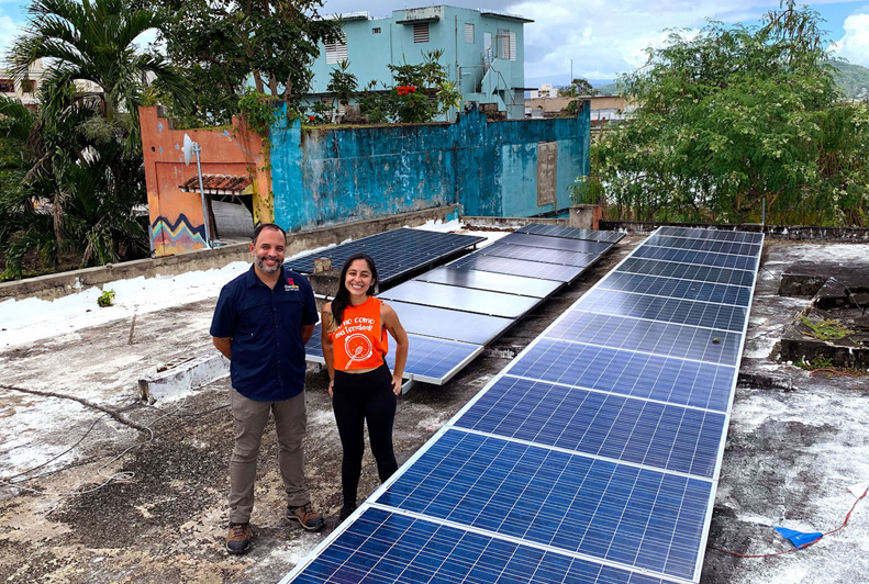 Solar panels on the Mutual Support Center’s rooftop in Caguas, Puerto Rico.