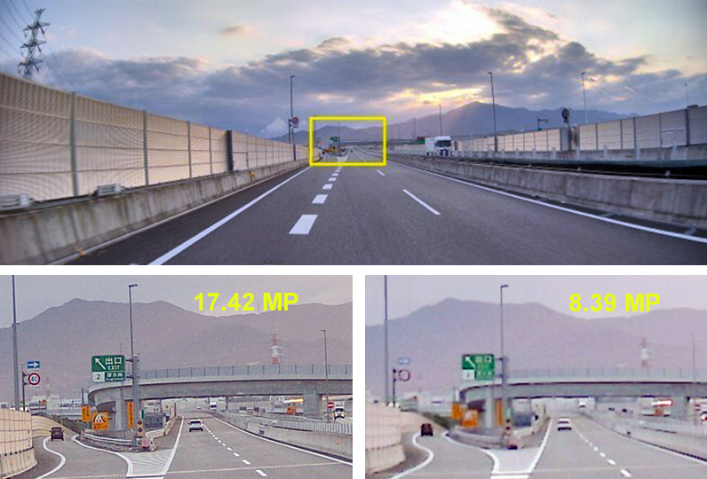 Top: imaging example with the new sensor (17.42 effective MP). Lower left: Enlarged image from the new sensor; enlarged image of SSS’s 8.39 eMP.