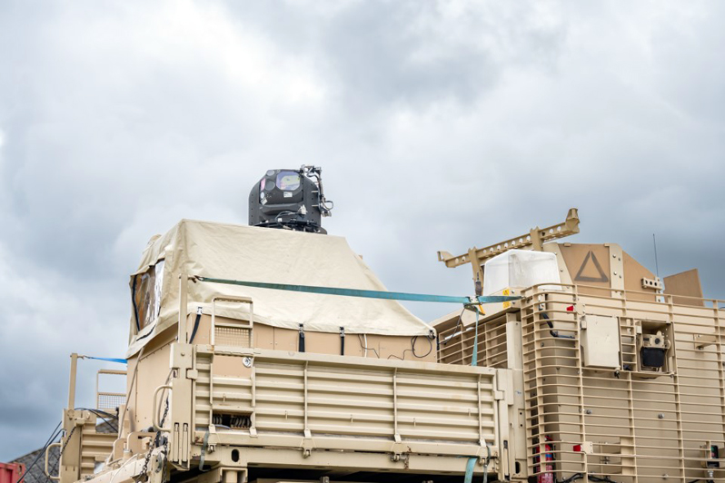 The laser weapon is mounted on a British Army Wolfhound armoured vehicle.