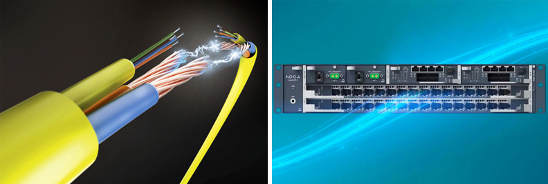 L: Corning’s ActiFi Hybrid Cable delivers data and power over fiber and copper. R: Nokia’s Aurelis Optical LAN platform is designed to replace copper-based LANs.