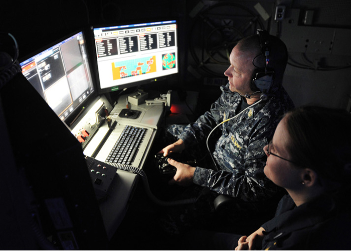 Ops room for the laser weapon system installed on the USS Ponce.