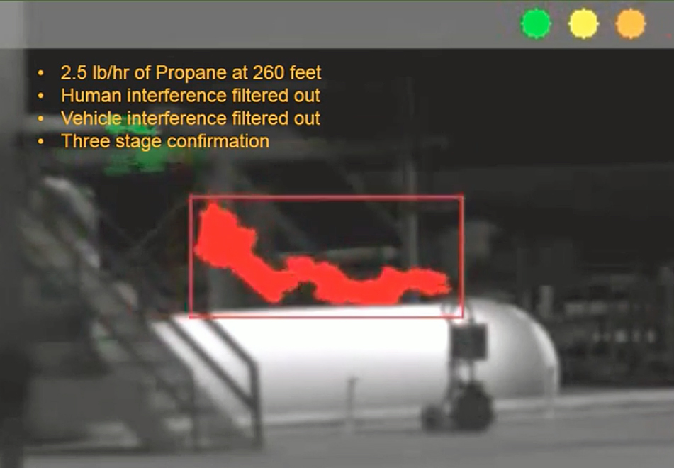 Intelired scans in the IR waveband for hydrocarbon gas leaks.