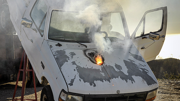 Lockheed Martin ATHENA laser weapon system destroys a truck from 1 mile away.