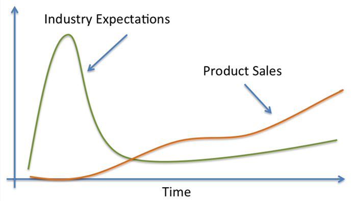 Typical trend for cross-correlation between industry expectation for new technology and actual sales.