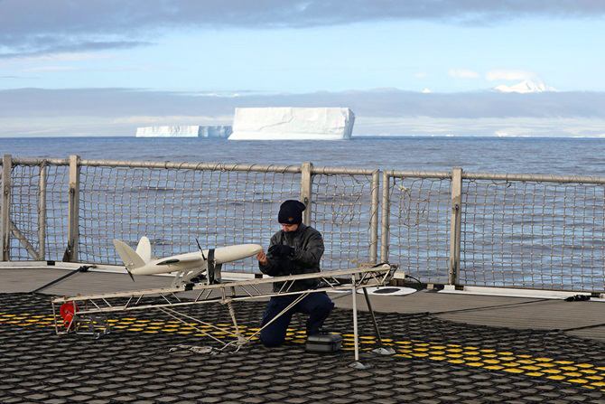 Icebergs ahoy! SULSA UAV on deck of HMS Protector.