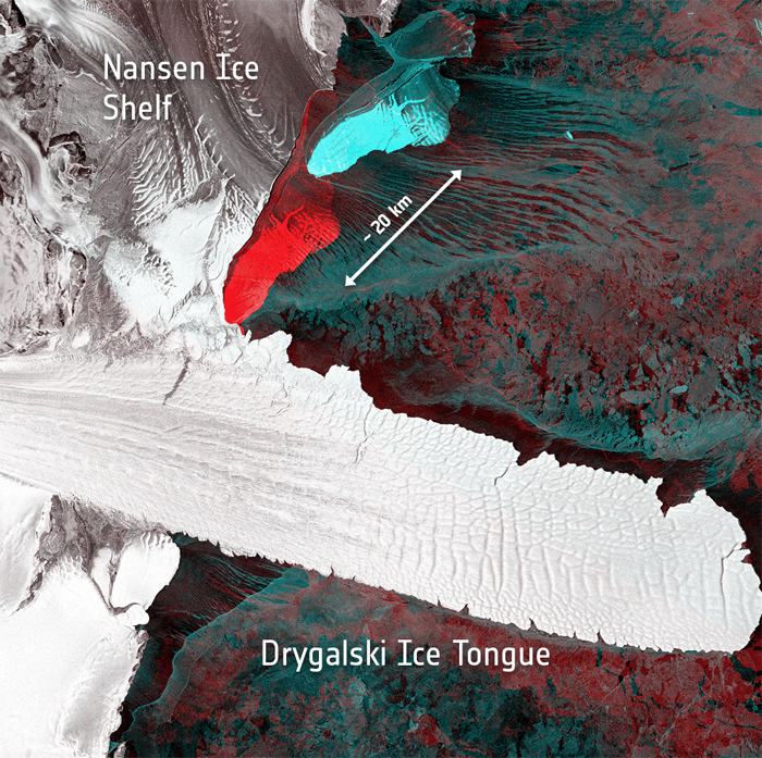 Sentinel 1A image: the birth of two icebergs in April 2016.