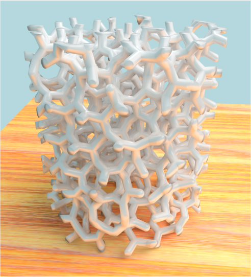 Amorphous gyroid sample fabricated by 3D ceramic printing.