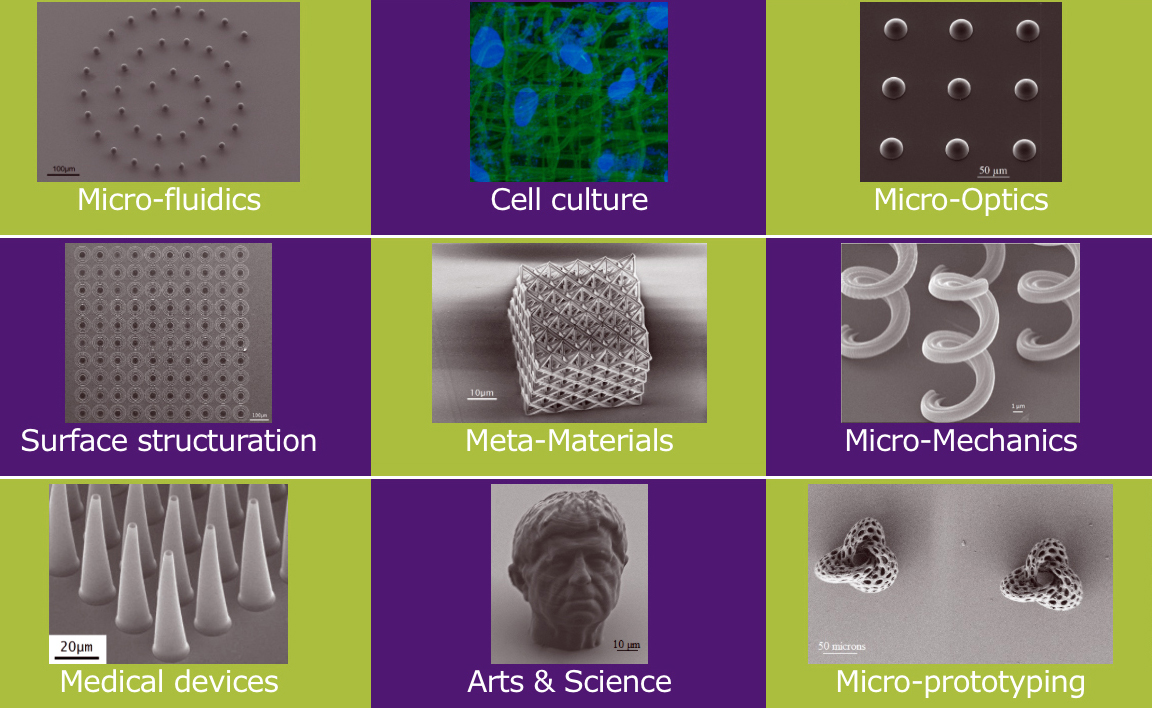 Altraspin 3D-prints parts for applications requiring high precision and a quality surface finish: micro-optics, micro-sensors, metamaterials, cell culture, tissue engineering, microrobotics and micromechanics.