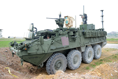 A MEHEL-equipped Stryker military vehicle.