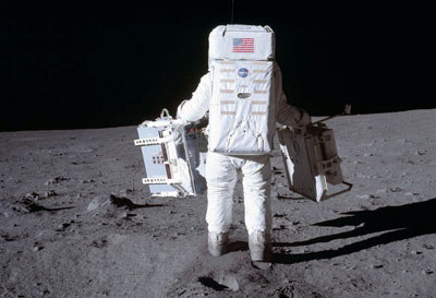 Astronaut Edwin Aldrin deploys components on the Moon in 1969. 