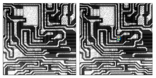 Pattern image (left) and visualized image (right, center) of failure location in a semiconductor device.