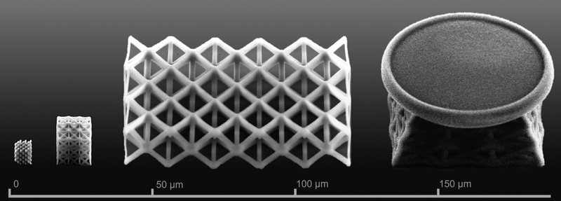 Delicate structures printed by materials scientists at Rice University as seen in microscope images. Sintering turns them into either glass or cristobalite. 