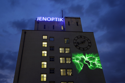 Bright future: Laser show at Jenoptik’s Ernst Abbe building in Jena, Germany.