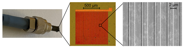 Nanoantenna array at the tip of a fiber for optical-to-terahertz wavelength conversion.