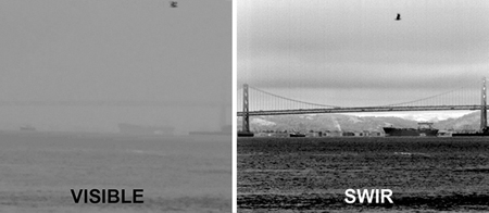Images of San Francisco Bay in visible light (l) and shortwave infrared (r).
