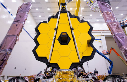 Pre-launch: the fully assembled James Webb Space Telescope with sunshield.