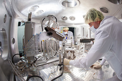 Researchers work in the “MEC hutch” of SLAC’s LCLS Far Experiment Hall.