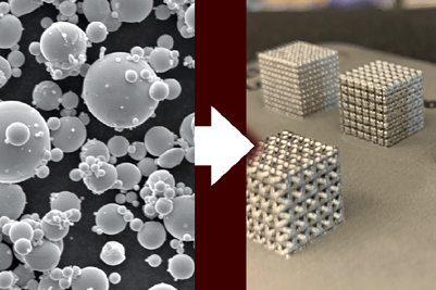 Nickel-titanium powder (left) can be 3D-printed into lattices (right).