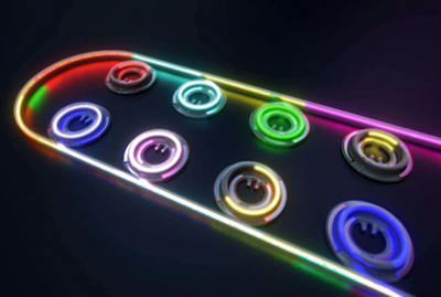 Illustration shows eight micro-ring modulators and optical waveguide.