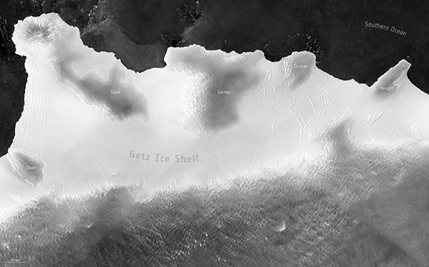 Image of Antarctica’s Getz Ice Shelf; click for info.