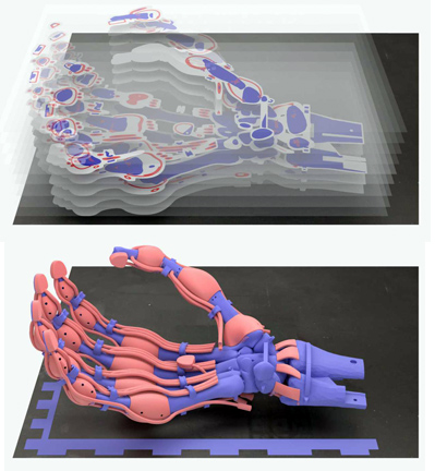 The robotic hand is printed layer by layer using polymers of varying elasticity.