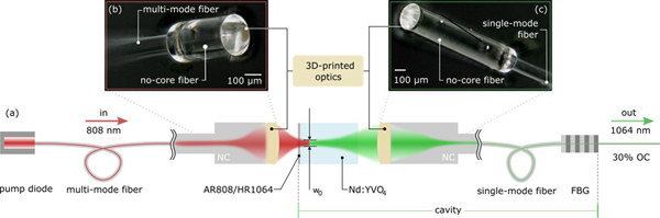 Laser design that employs 3D-printed lenses for fiber coupling.
