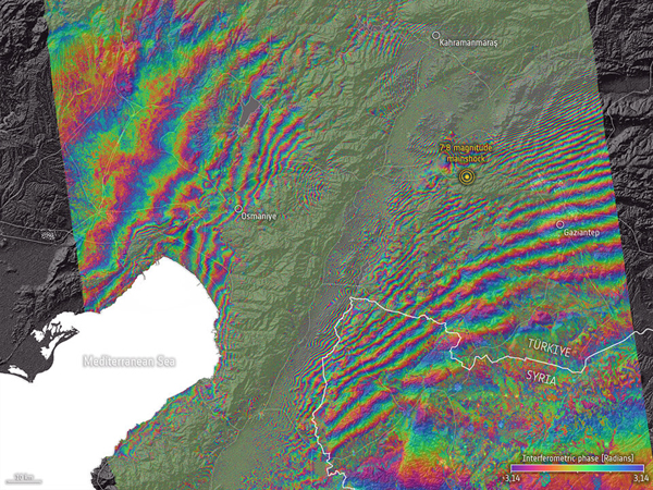An interferogram, calculated using Sentinel-1 acquisitions. Click for info. 