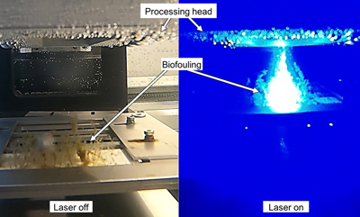 Underwater laser process in side view.