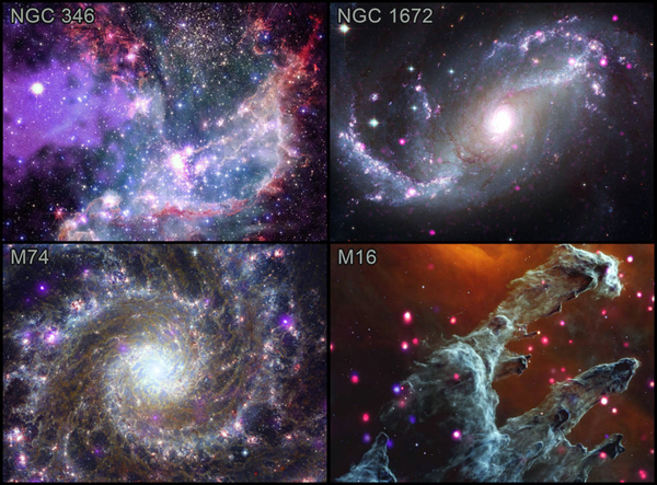 The four composite images made by merging X-ray and Infrared signals. Captions below in text.