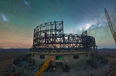 Night view of the ELT under construction atop Cerro Armazones.