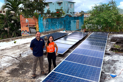 Solar panels on the Mutual Support Center’s rooftop in Caguas, Puerto Rico.
