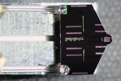 Photonic chip, mounted on a transmission electron microscope sample holder.