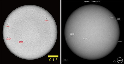 Image of the Sun taken by (L) SEAS metalens; and (R) by NASA. Click for info.