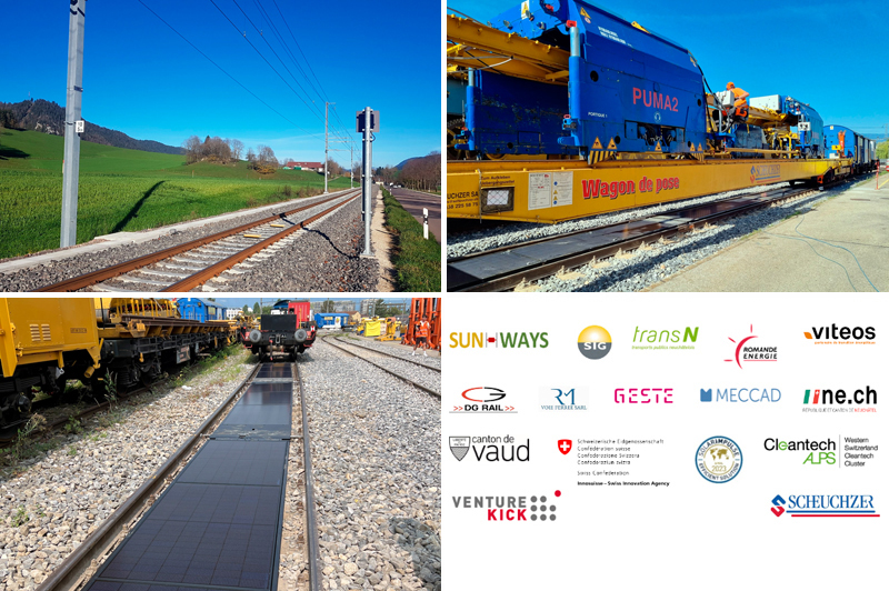 The Swiss Federal Office of Transport has approved Sun-Ways’ solar power plant for rail trackbed. Below right: partner companies. 