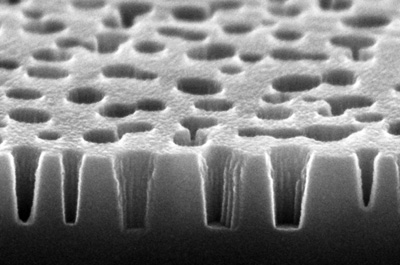 SEM view of the nanoholes carved on the glass substrate.